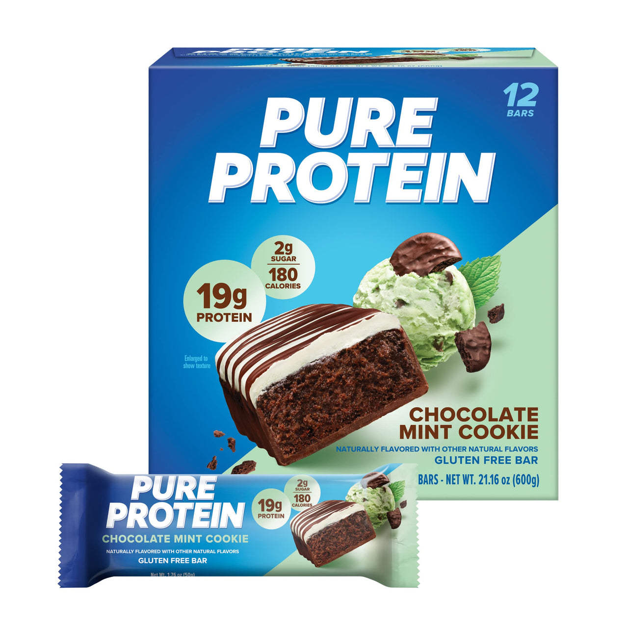 Pure Protein Chocolate Mint Cookie Protein Bars – 20g Protein, 3g Sugar, 190 Calories (12 count) Low Sugar* High Protein Snack - Gluten Free - Perfect for a Healthy Snack