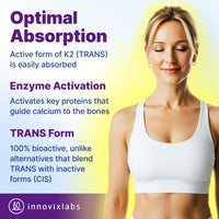 Thumbnail for InnovixLabs Full Spectrum Vitamin K2-90 Softgels with 600 mcg of Trans Form MK7 and MK4 - Supports General Health and Bone Strength - Soy and Gluten Free K2 Vitamin Supplement