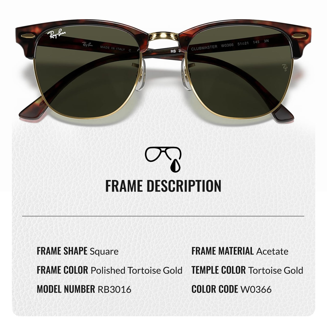 Ray-Ban RB3016 CLUBMASTER CLASSIC Square Shaped Non-Polarized Sunglasses for Men & Women – Includes Official RAYBAN Eyewear Kit – Ideal Formal & Casual Wear Sunglasses – G-15 Green Lens