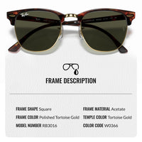 Thumbnail for Ray-Ban RB3016 CLUBMASTER CLASSIC Square Shaped Non-Polarized Sunglasses for Men & Women – Includes Official RAYBAN Eyewear Kit – Ideal Formal & Casual Wear Sunglasses – G-15 Green Lens