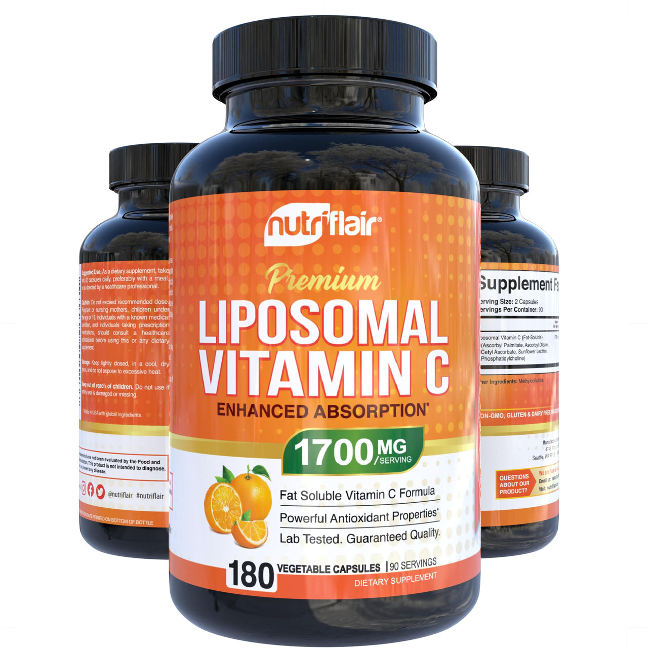 NutriFlair Liposomal Vitamin C 1700mg, 180 Capsules - High Absorption, Fat Soluble VIT C, Higher Bioavailability Immune System Support & Collagen Booster, Non-GMO, Vegan Pills