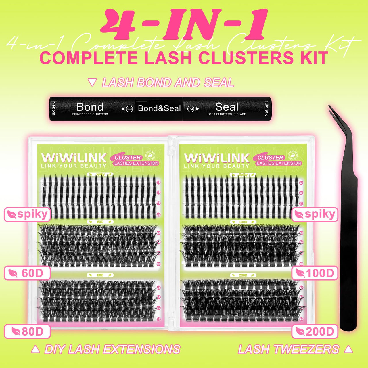 Lash Clusters Kit with Spikes Lashes Clusters Wispy 60D+80D+100D+200D Manga Eyelash Clusters D Curl 456PCS Cluster Eyelash Extensions Volume 12-18mm Individual Anime Lashes Kit Bond&Seal by WiWiLINK