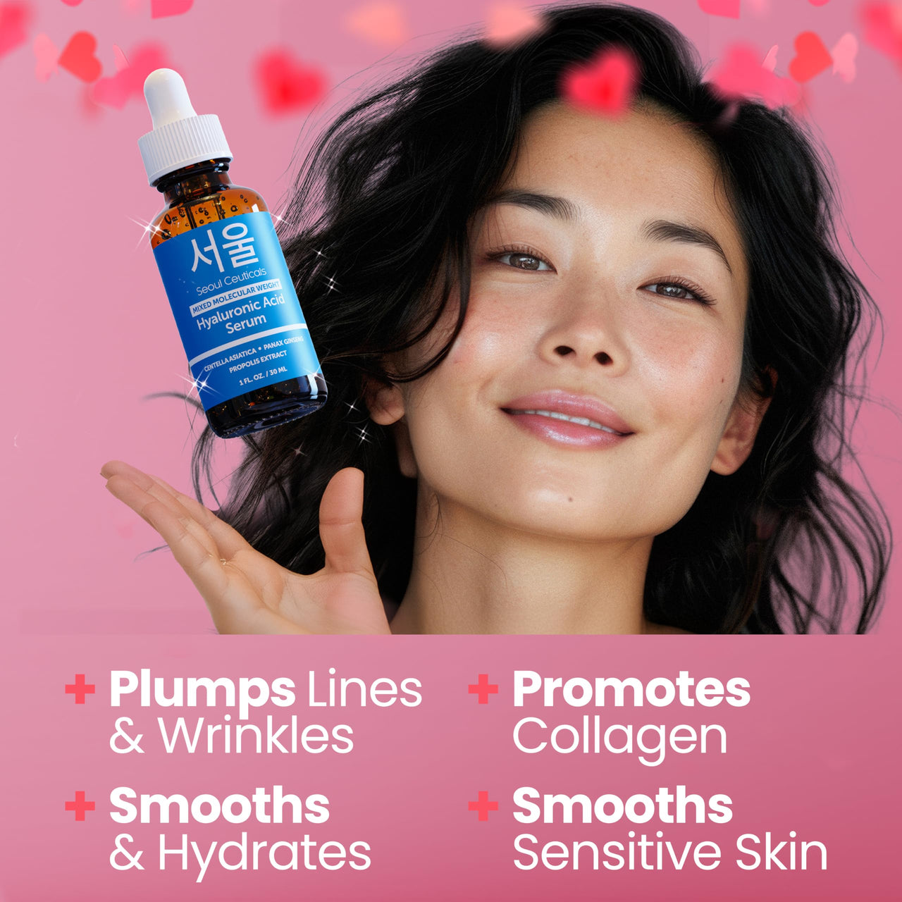 SeoulCeuticals Korean Hyaluronic Acid Serum For Face - High Molecular Weight & Low Molecular Weight Hyaluronic Acid - Centella Serum + Propolis. 1oz