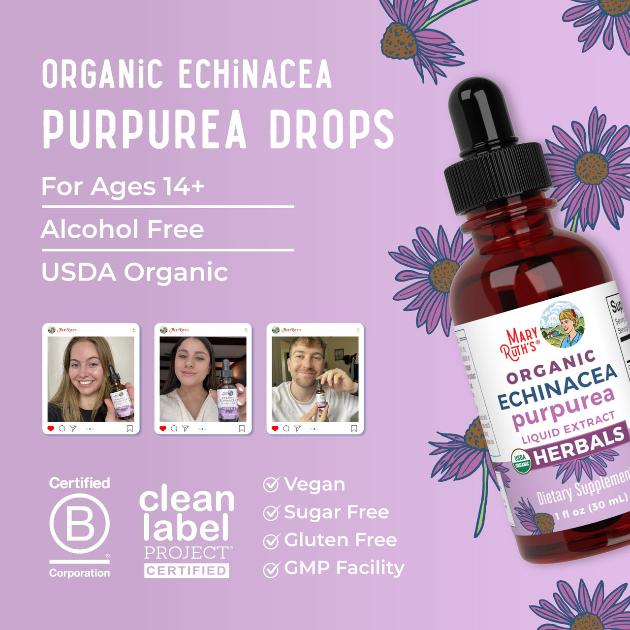 MaryRuth Organics Echinacea Purpurea Liquid | Sugar Free | USDA Organic | Echinacea Liquid Drops for Immune Support| Respiratory Health | Alcohol Free | Non-GMO | Vegan | 1 Fl Oz