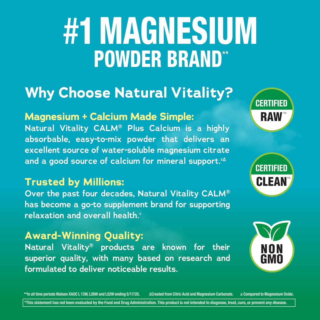 Natural Vitality Calm Magnesium Plus Calcium 8oz Powder | Raspberry Lemon Flavored Premium Balanced Drink Mix | Non-GMO & Gluten Free Supplement
