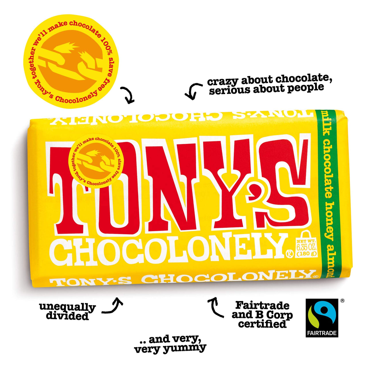 Tony's Chocolonely 32% Milk Chocolate Bar with Honey Almond Nougat, 6.35 Ounce, 15 Pack