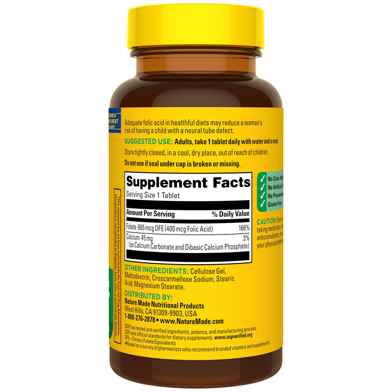 Nature Made Folic Acid 400 mcg (665 mcg DFE) Dietary Supplement for Nervous System Function, Folic Acid Supplements for Women and Men, 250 Tablets, 250 Day Supply