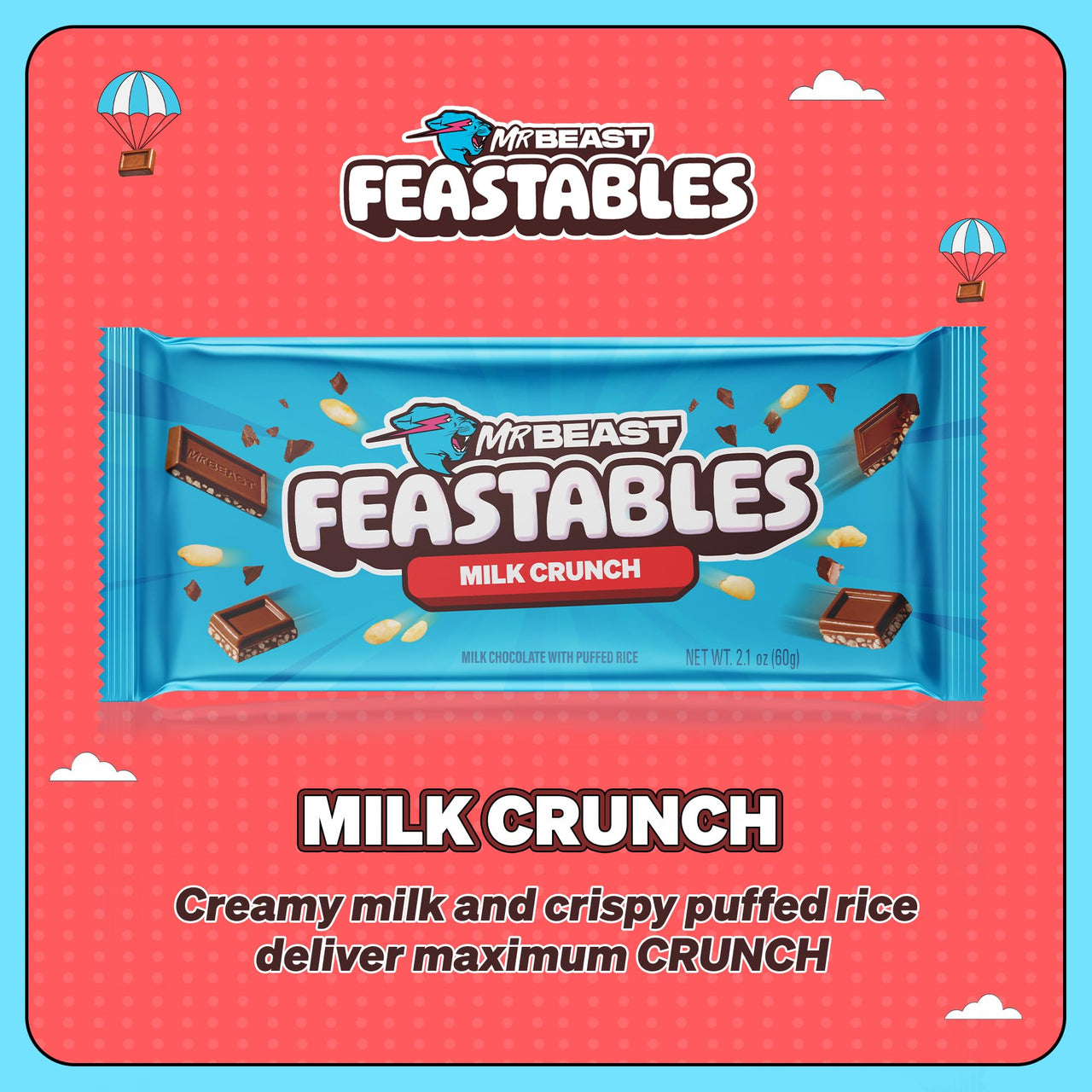 MrBeast Feastables Milk Chocolate Crunch Bar, King Size, 10 Count, Crispy Rice Chocolate Candy, Fairtrade Cocoa, 2.1oz Each