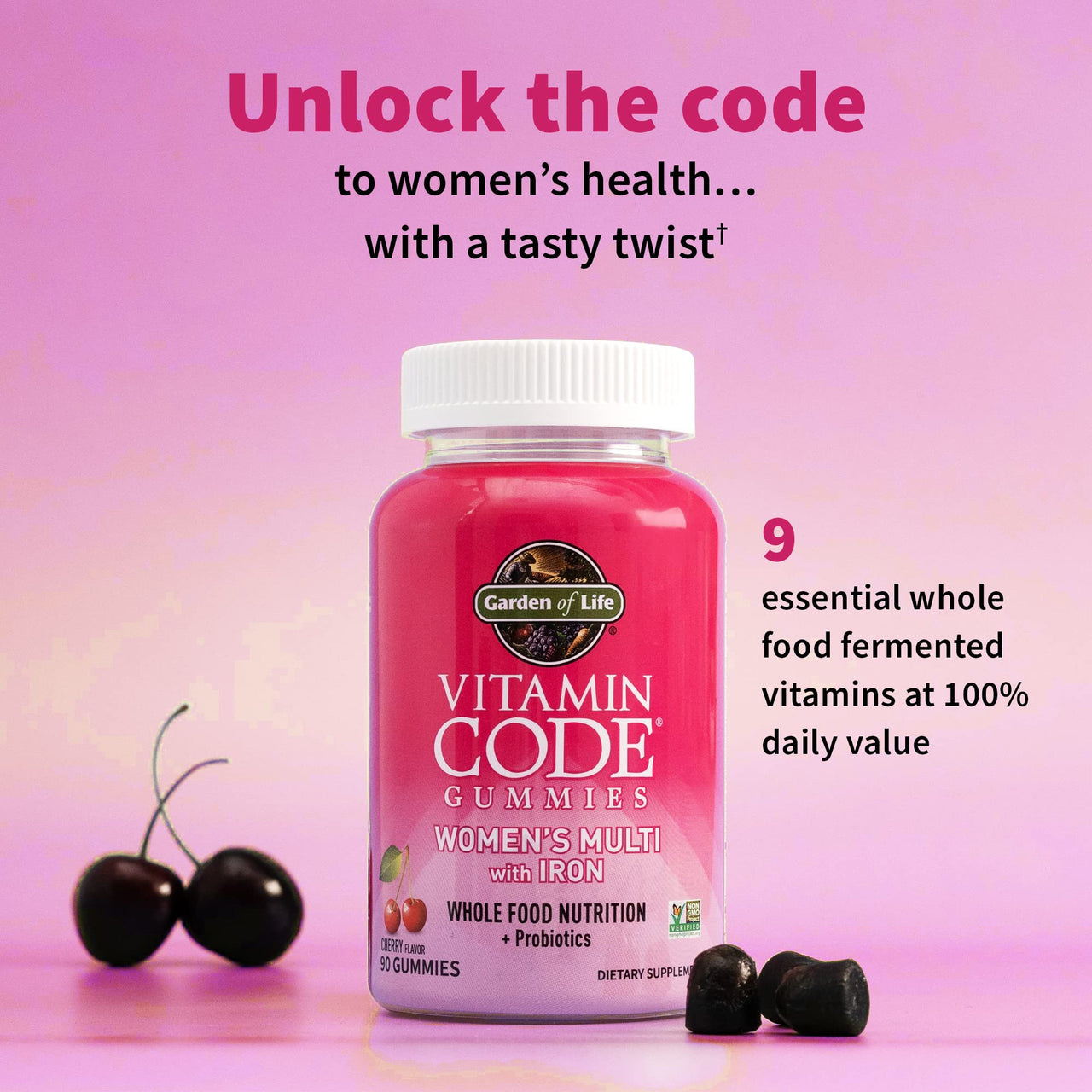 Garden of Life Vitamin Code Women’s Multivitamin Gummy with Iron: Folate, Biotin, D3 & B12 for Hair, Skin & Nails + Probiotics for Immune Health & Digestion, Non-GMO, Gluten-Free, 90 Cherry Gummies