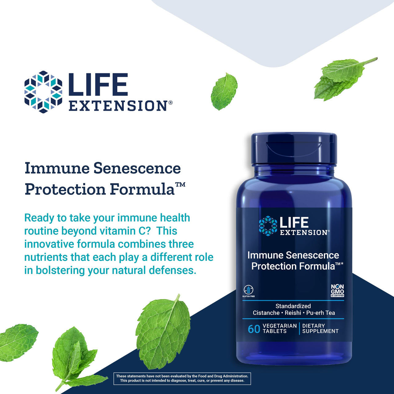 Life Extension Immune Senescence Formula Standardized Cistanche Reishi PU-ERH Tea, 60 Vegetarian Tablets