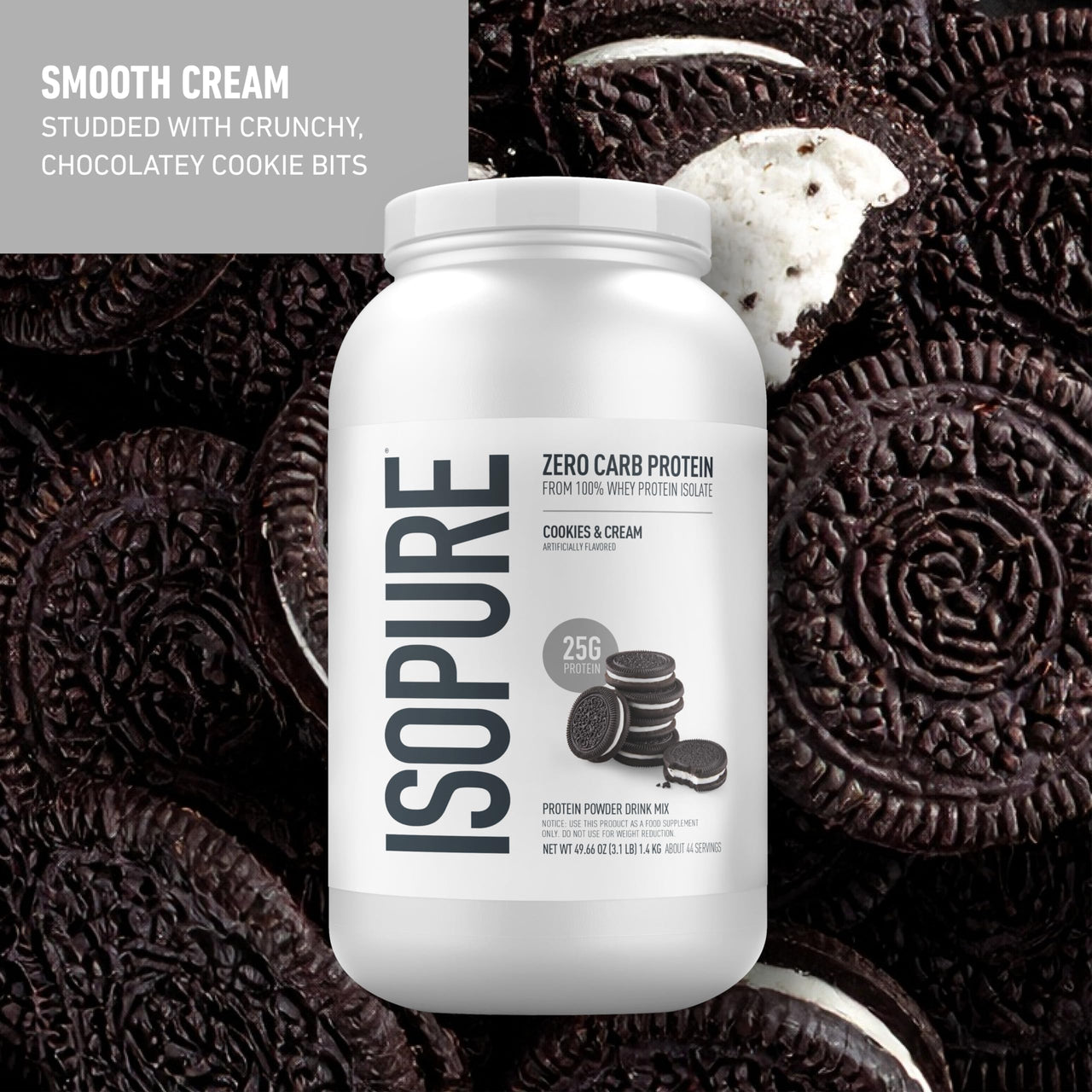 Isopure Zero Carb 100% Pure Whey Isolate Protein Powder, Gluten Free, With Vitamins, Cookies & Cream, 25g Protein Per Serving, 3 Pounds, 44 Servings (Packaging May Vary)