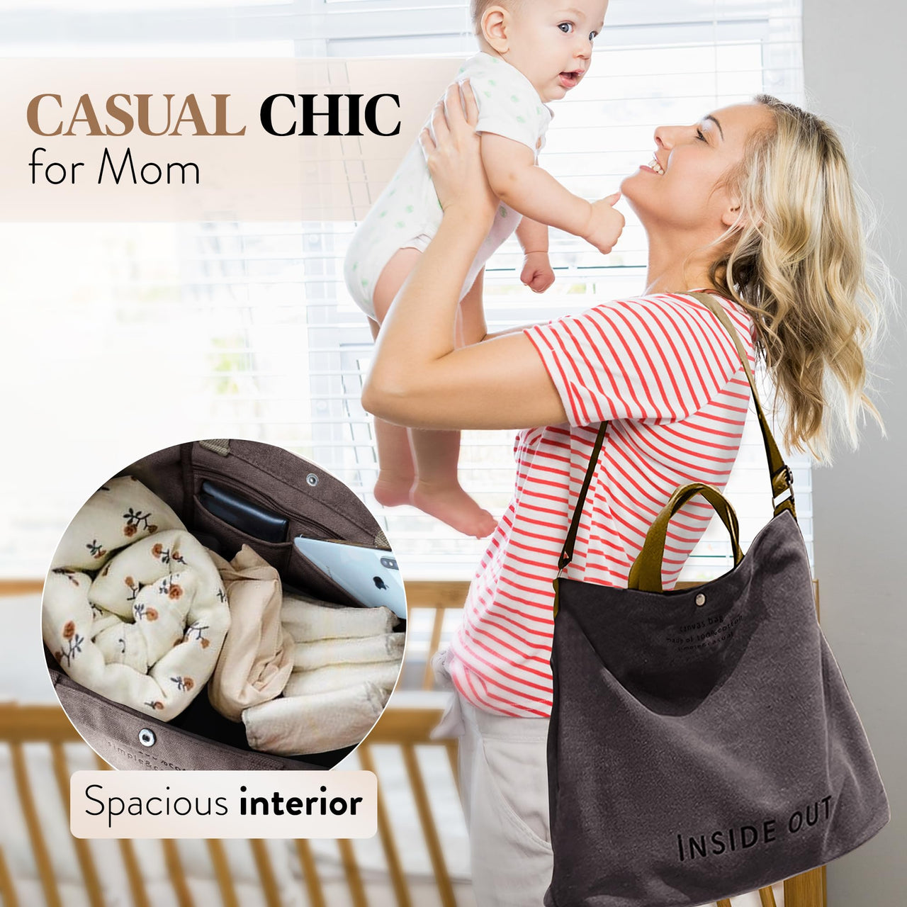 Large Tote Bag for Women, Canvas Gift for Women, Inside Out Bag, Fashion Crossbody 16oz Cotton, Large Capacity Shoulder Tote