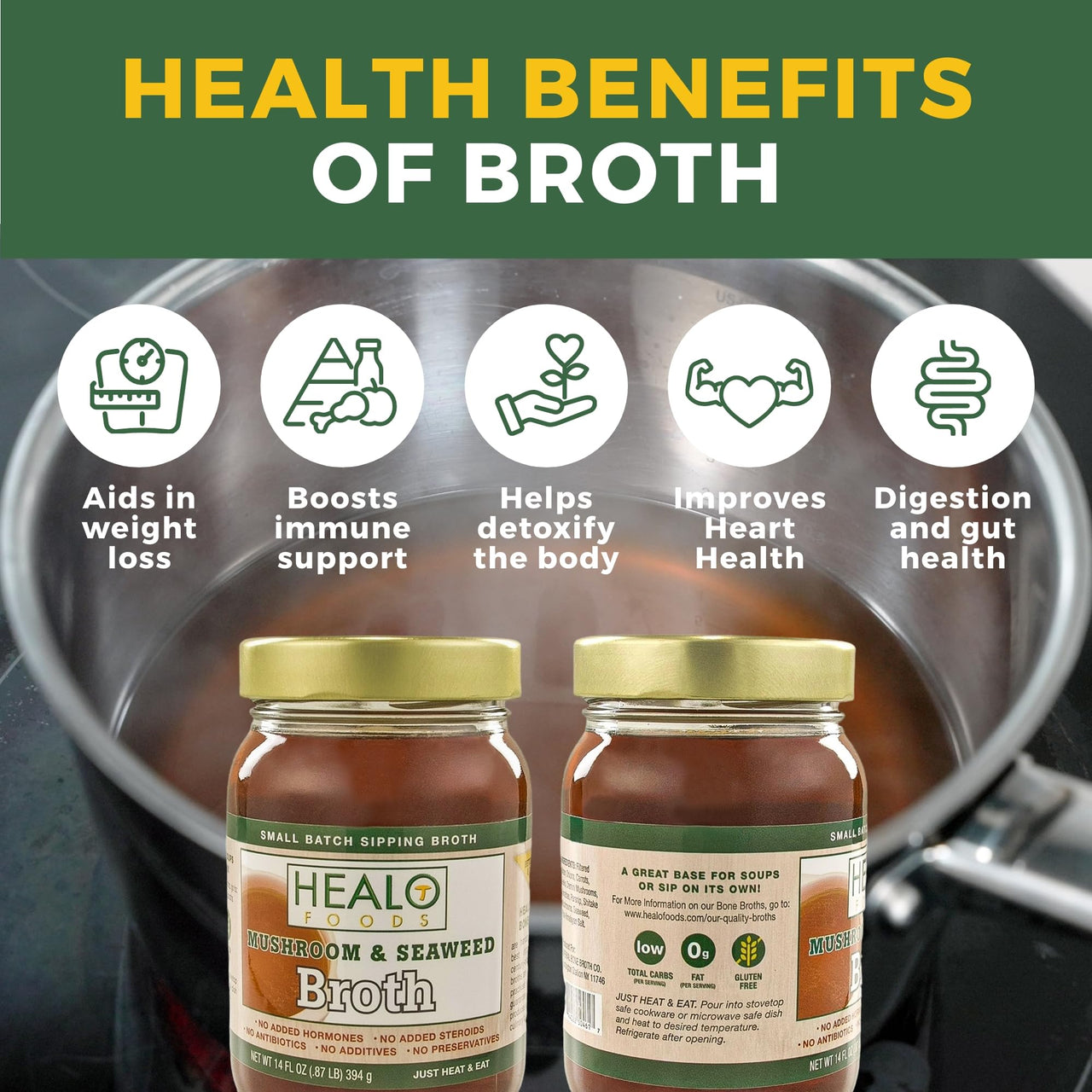 Healo Foods Mushroom & Seaweed Broth – Infused with High Protein, Zero Fat, Gluten Free, Non GMO - Mushroom All Natural Seaweed Broth – for Cooking & Sipping Low Sodium Soup 14 fl. oz. (Pack of 6)