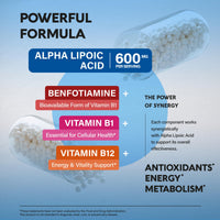 Thumbnail for Alpha Lipoic Acid 600mg - ALA Supplement Antioxidant for Nerve, Energy & Metabolism Support - Extra Strength with Benfotiamine, B1 & B12 - Lab Tested, NON-GMO & Vegan - 120 Capsules, 2 Month Supply