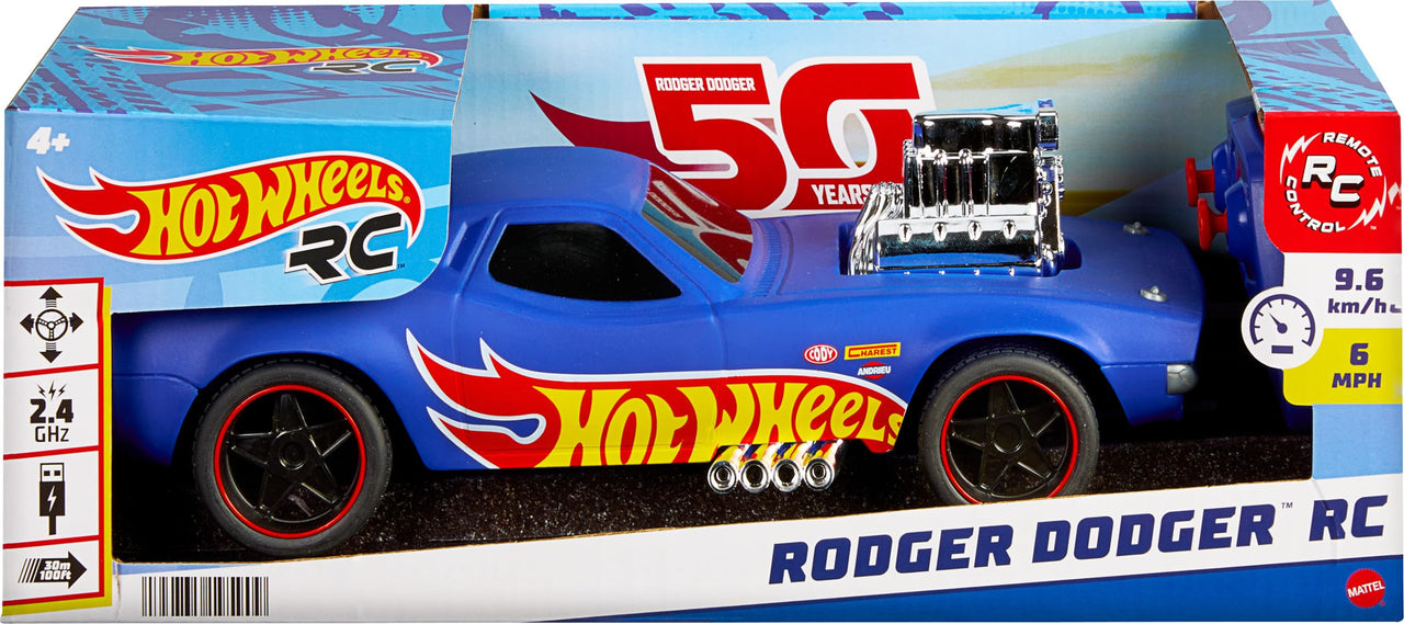 Hot Wheels 1:16 Scale RC Rodger Dodger Toy Car, Special 50th Anniversary Edition Remote Control Vehicle