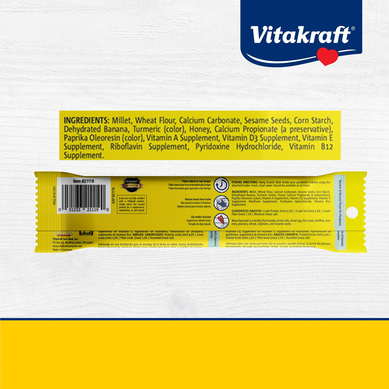 Vitakraft Crunch Sticks Parakeet Treat – 2 Sticks – Sesame and Banana Flavor - Triple Baked with Natural Wood Chew Center - Added Vitamins and Minerals with Cage Clip Holder