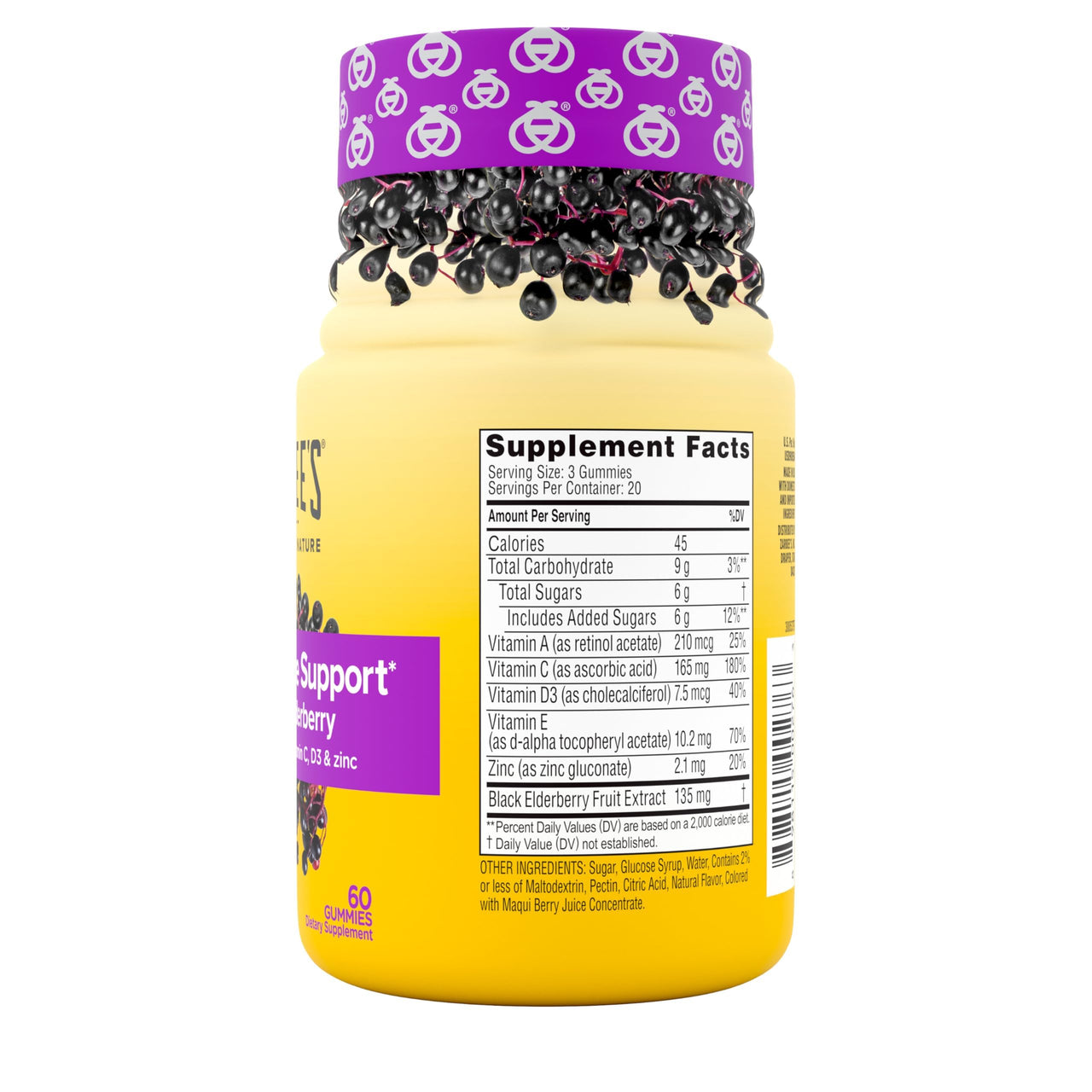 Zarbee’s Elderberry Gummies Daily Immune Support Supplement with Vitamins A C D E & Zinc, Black Elderberry Extract, Natural Berry Flavor, Vegetarian, Gelatin-Free, 60 ct