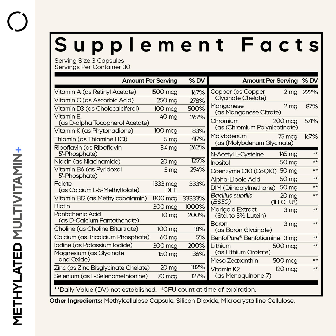 Codeage Methylated Multivitamin Supplement - B-Vitamin, Vitamins A, C, D, E, K2, B12 Methylcobalamin - L-Methylfolate - Magnesium, CoQ10, DIM, Probiotics, Benfotiamine, Lithium, Calcium - 90 Capsules