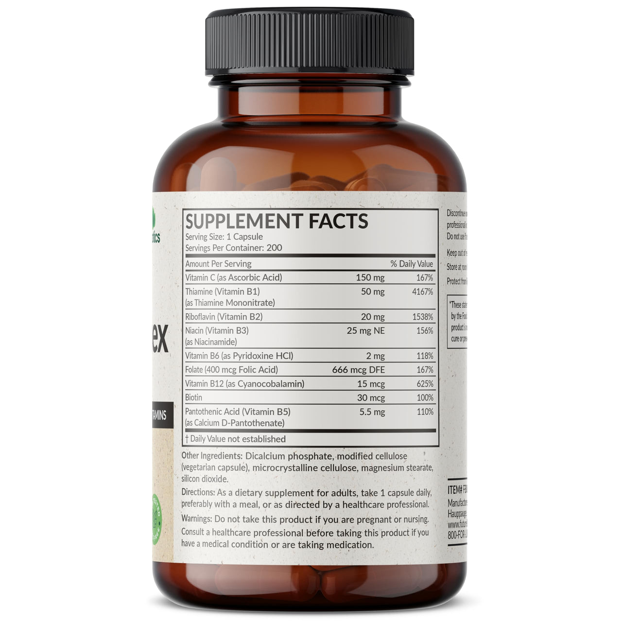 Futurebiotics Vitamin B Complex with Vitamin C Supports Energy Production, Nervous System & Immune Support - Non-GMO, 200 Vegetarian Capsules