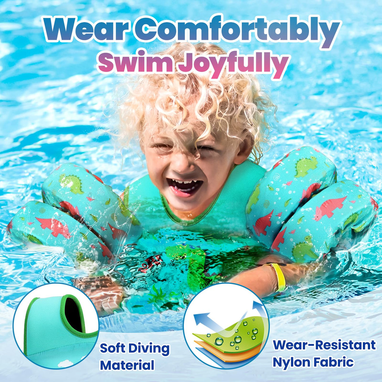 HeySplash Swim Vest for Kids, Toddler Pool Floaties Fit 31-66 Lbs, Children Swimming Vest with Adjustable Strap, Swim Jacket Water Wing Arm Float, Puddle Beach Boat Jumper Boy Girl Age 2-7,Dinosaur