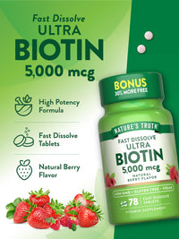 Thumbnail for Nature's Truth Biotin 5000mcg | 78 Fast Dissolve Tablets | Natural Berry Flavor | Vegan, Non-GMO & Gluten Free