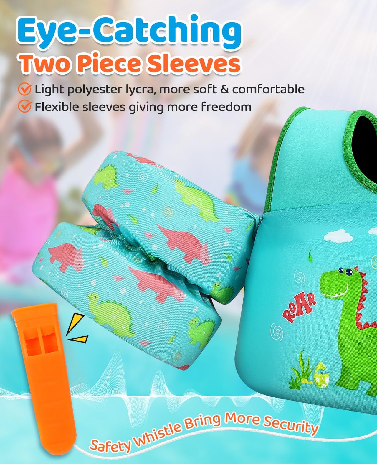 HeySplash Swim Vest for Kids, Toddler Pool Floaties Fit 33-66 Lbs, Children Swimming Vest with Adjustable Strap, Swim Jacket Water Wing Arm Float, Puddle Beach Boat Jumper Boy Girl,Dinosaur