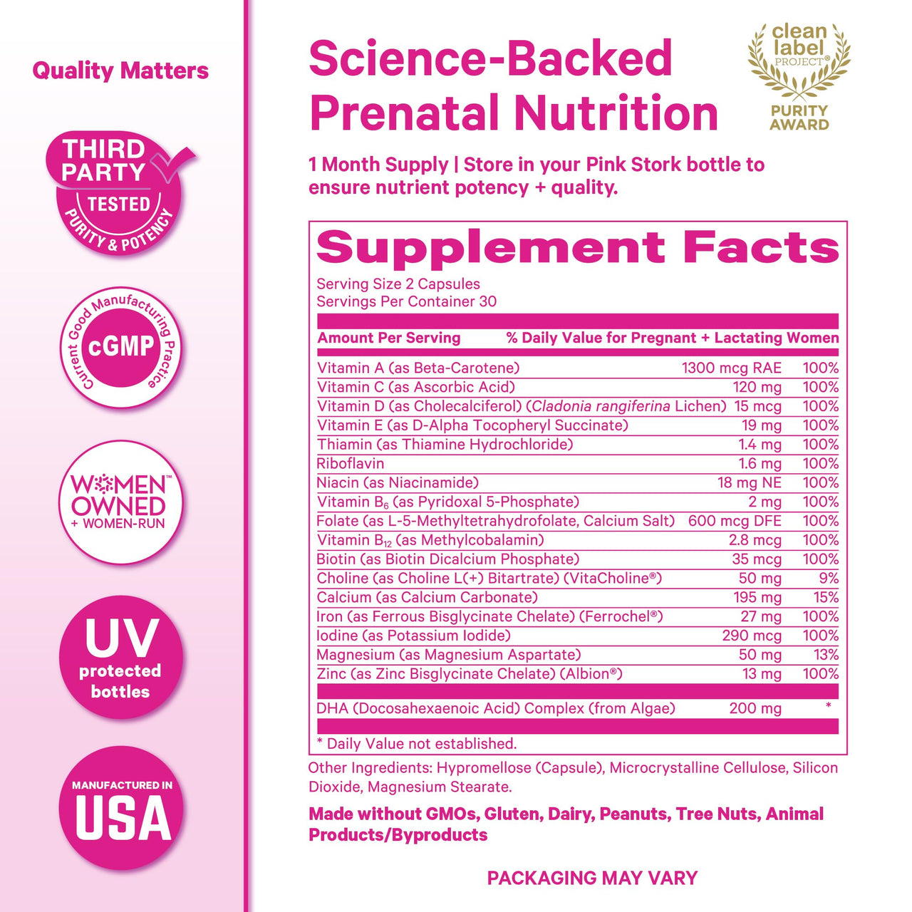 Pink Stork Total Prenatal Vitamins with DHA, Folate, Iron, Choline, and Vitamin B12 - Prenatals for Women to Support Fetal Development, Pregnancy Essentials, Berry Essence, 60 Capsules, 1 Month Supply