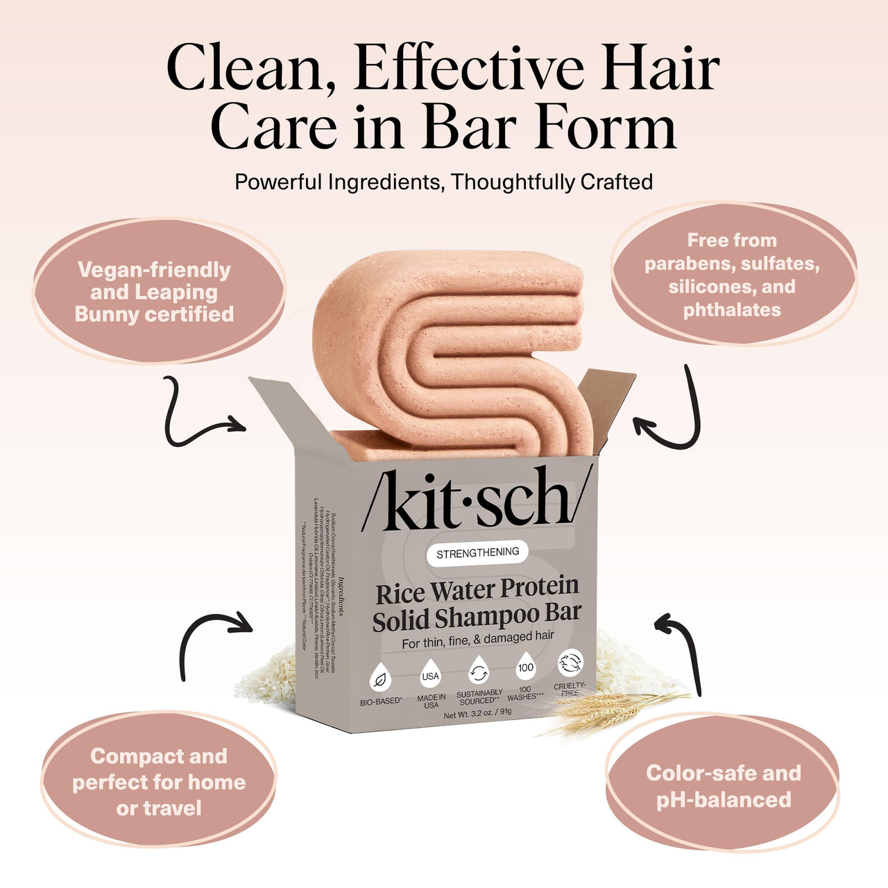 Kitsch Rice Water Shampoo Bar for Hair Growth – Strengthening Hair Shampoo for Men and Women – Reduce Breakage, Boosts Shine – Paraben, Silicone & Sulfate-Free, Vegan Hair Care - 3.2 oz