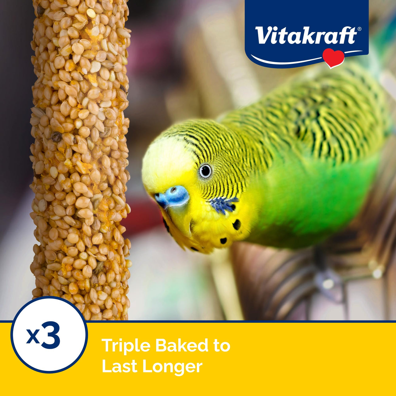 Vitakraft Crunch Sticks Parakeet Treats Golden Honey Flavor – Triple-Baked Snack with Vitamins A D3 E Riboflavin and B12 – Natural Wood Chew Center and Cage Clip Holder – Engaging 2 Stick Pack