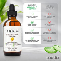 Thumbnail for PURA D'OR 20% Vitamin C Serum 4 Oz - Lightweight Maximum Strength Formula - Retinol, Hyaluronic Acid, Ferulic Acid - Professional Grade Treatment For Face & Eyes, Wrinkles - Men & Women