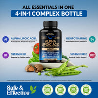 Thumbnail for Alpha Lipoic Acid 600mg - ALA Supplement Antioxidant for Nerve, Energy & Metabolism Support - Extra Strength with Benfotiamine, B1 & B12 - Lab Tested, NON-GMO & Vegan - 120 Capsules, 2 Month Supply