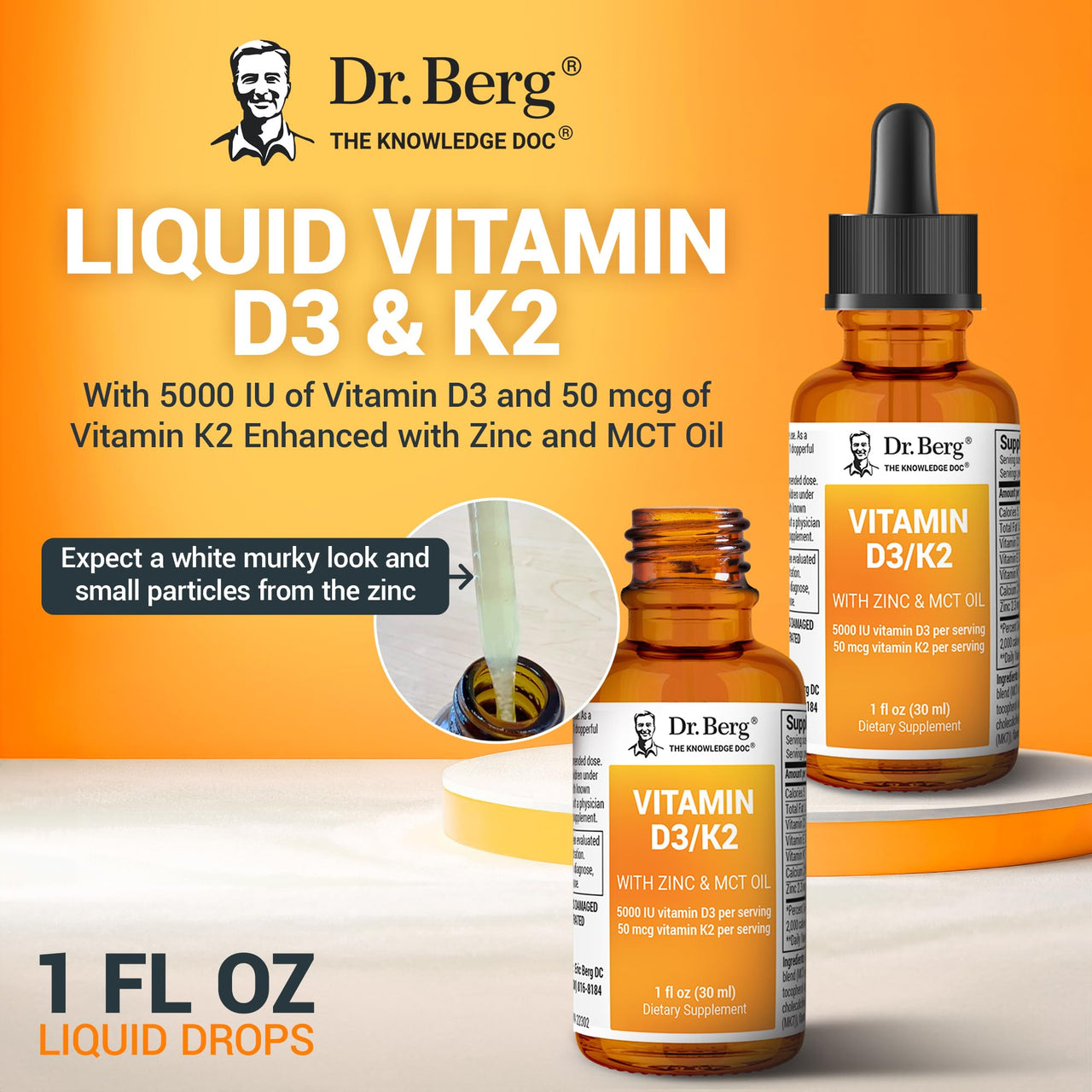 Dr. Berg Liquid Vitamin D3 & K2 Supplement with Zinc - for Bone, Teeth, Mood & Immune Health* - Vitamin D3 & K2 Drops for Adults - 1 fl oz