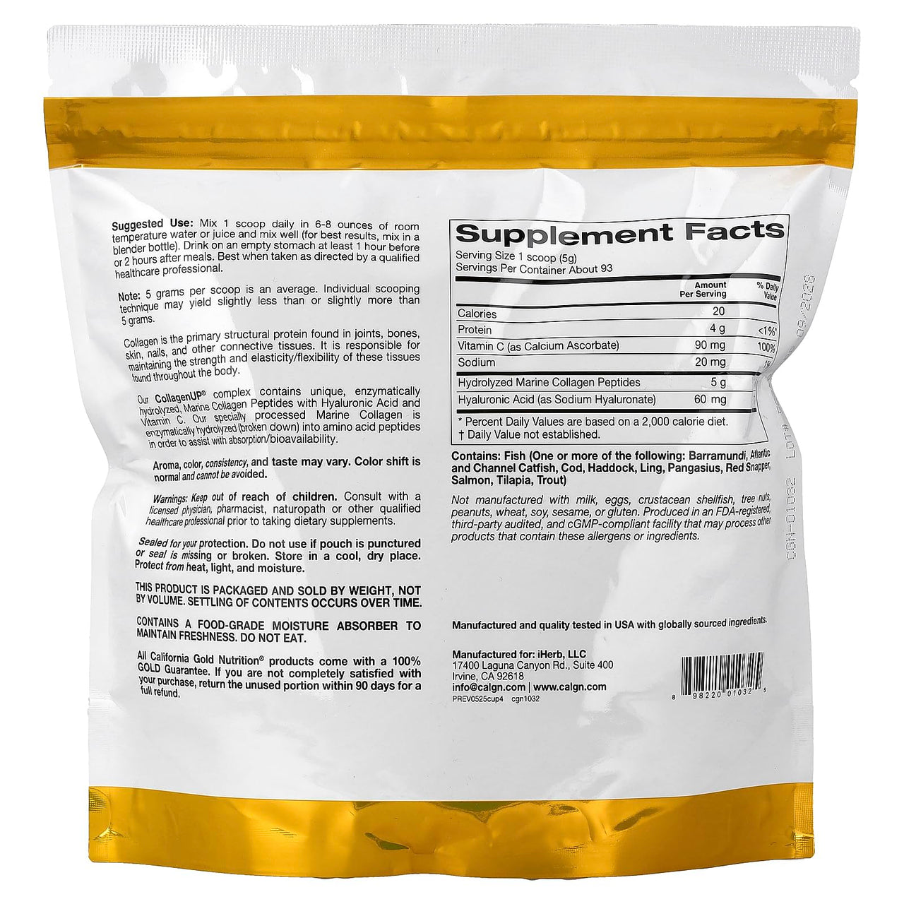 California Gold Nutrition CollagenUP®, Hydrolyzed Marine Collagen Peptides with Hyaluronic Acid and Vitamin C, Unflavored, 1.02 lb (464 g)