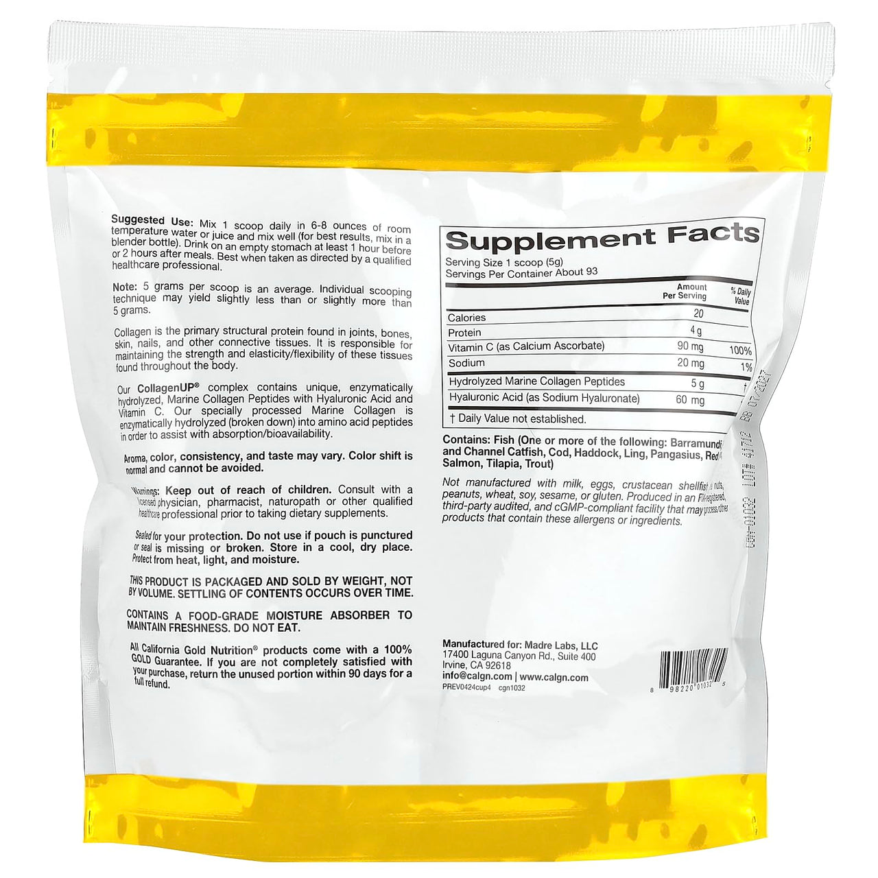 California Gold Nutrition CollagenUP®, Hydrolyzed Marine Collagen Peptides with Hyaluronic Acid and Vitamin C, Unflavored, 1.02 lb (464 g)