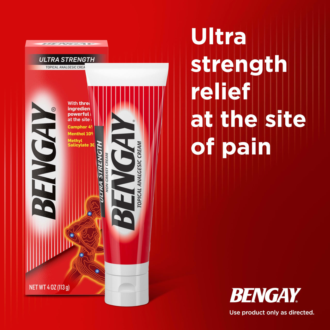 Bengay Ultra Strength Topical Pain Relief Cream, Non-Greasy Topical Analgesic for Minor Arthritis, Muscle, Joint and Back Pain, Camphor, Menthol and Methyl Salicylate, 4 OZ