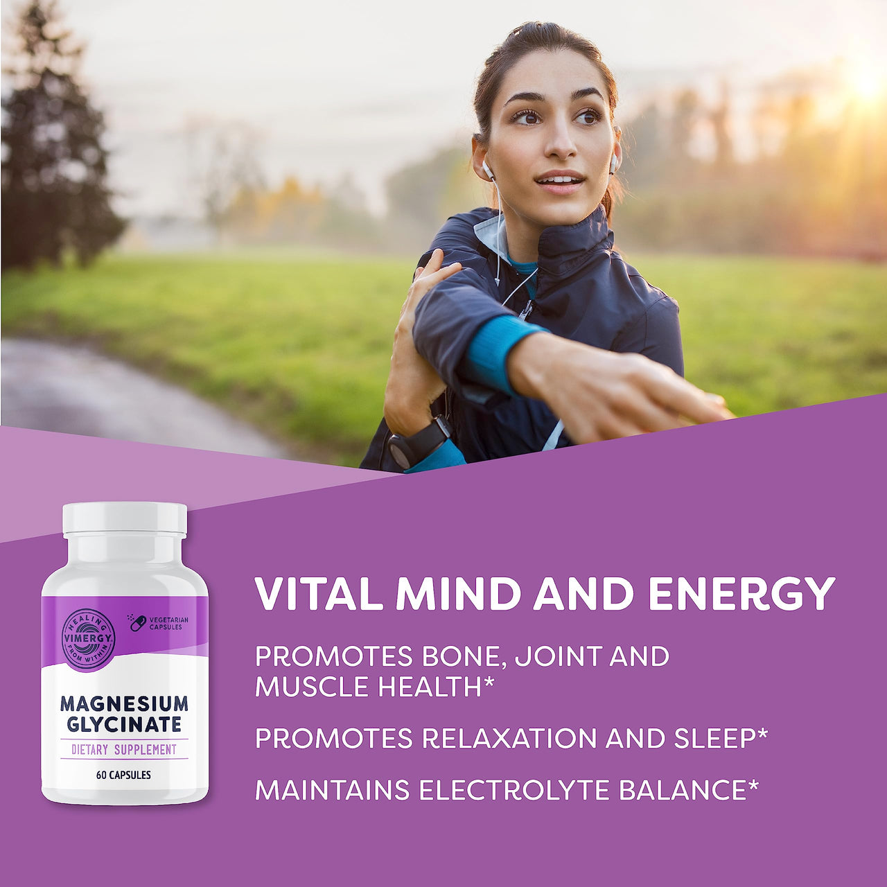 VIMERGY Magnesium Glycinate – Stress Support – Chelated to Avoid Tummy Upset*– Promotes Heart Health & Energy*– Kosher, Vegan Gluten-Free – 60 Caps