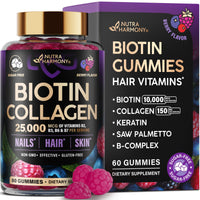 Thumbnail for Biotin Gummies with Collagen - Hair Growth Support Skin, & Nail Strength - for Women & Men - Biotin 10000mcg | Keratin | Hyaluronic Acid | B-Complex | Saw Palmetto - Sugar-Free, Mixed Berry - 60 Gummy