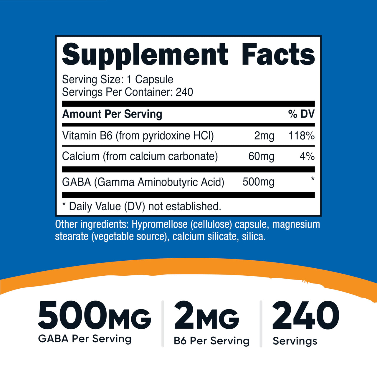 Nutricost GABA (Gamma Aminobutyric Acid) + Vitamin B6, 500mg per Serving, 240 Capsules