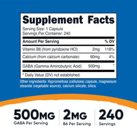 Thumbnail for Nutricost GABA (Gamma Aminobutyric Acid) + Vitamin B6, 500mg per Serving, 240 Capsules