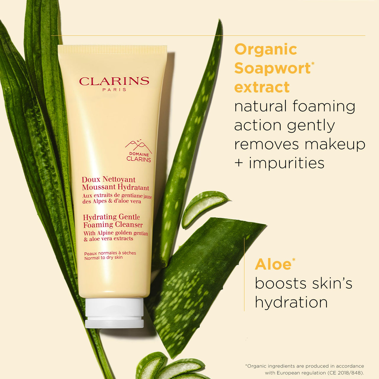 Clarins Hydrating Gentle Foaming Face Cleanser | Cleanses, Soothes, and Softens | Contains Aloe Vera to Boost Hydration | Soap-Free | SLS-Free| Normal To Dry Skin Types | 4.2 Ounces