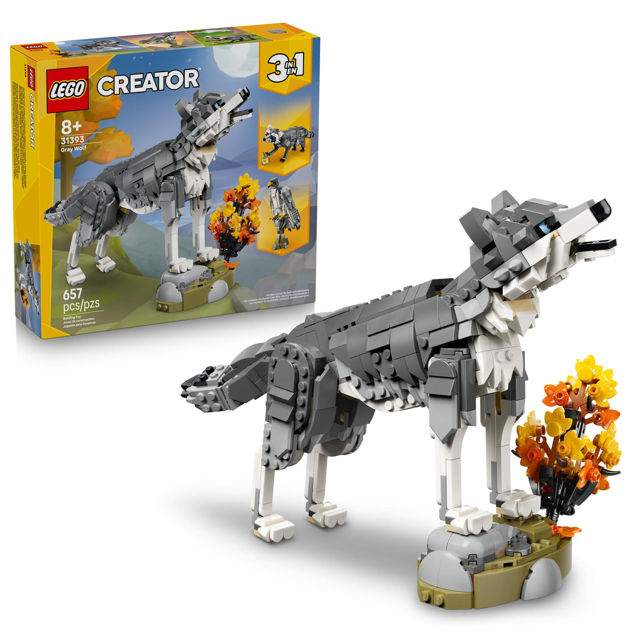 LEGO Creator 3 in 1 Forest Animals: Gray Wolf - Building Toy for Boys & Girls, Ages 8+ - Build a Wolf, Falcon or Raccoon - Gift for Kids' Birthdays - 31393