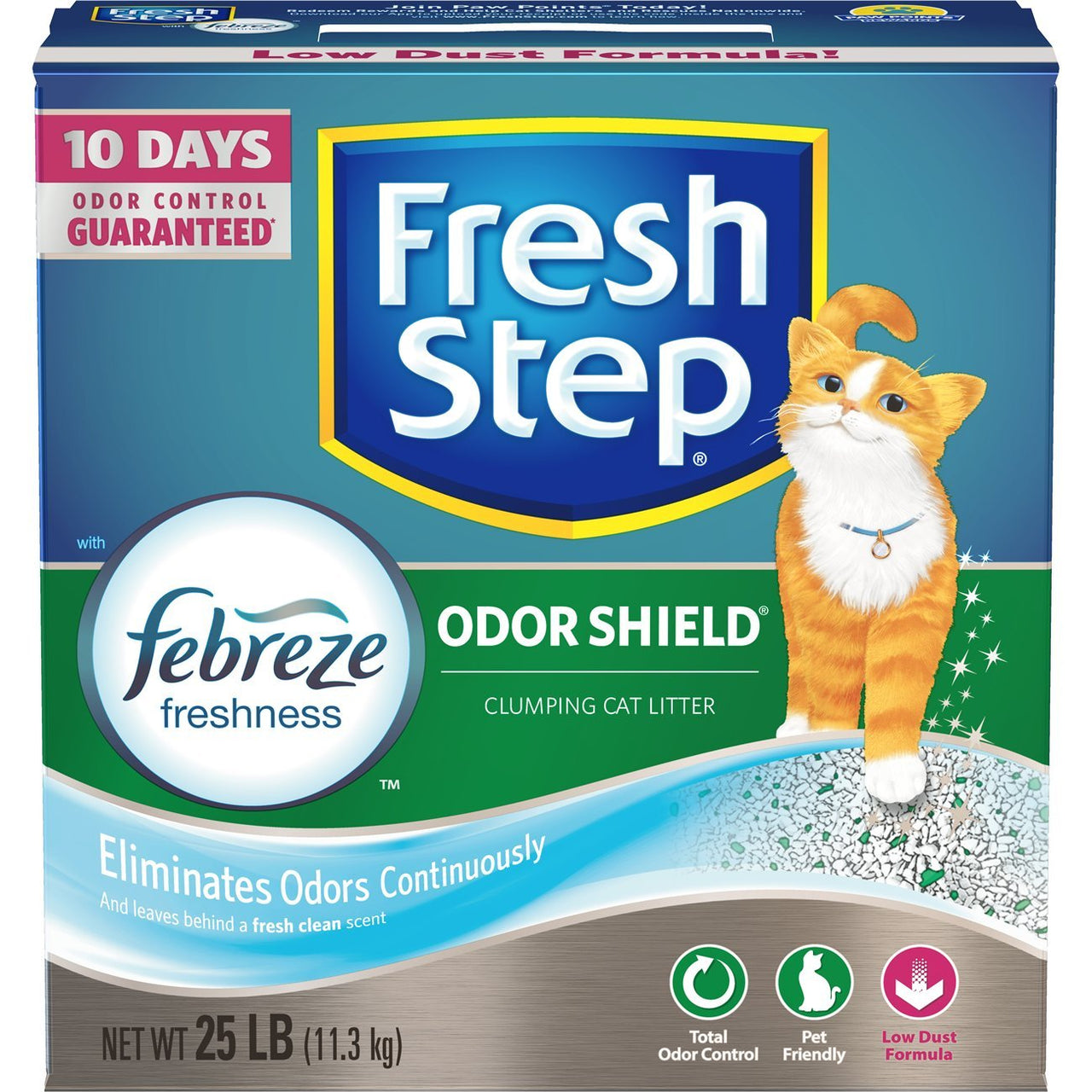 Fresh Step Odor Shield Clumping Litter With Febreze Freshness, Continuous Cat Litter Odor Eliminator, 25 lb. Box