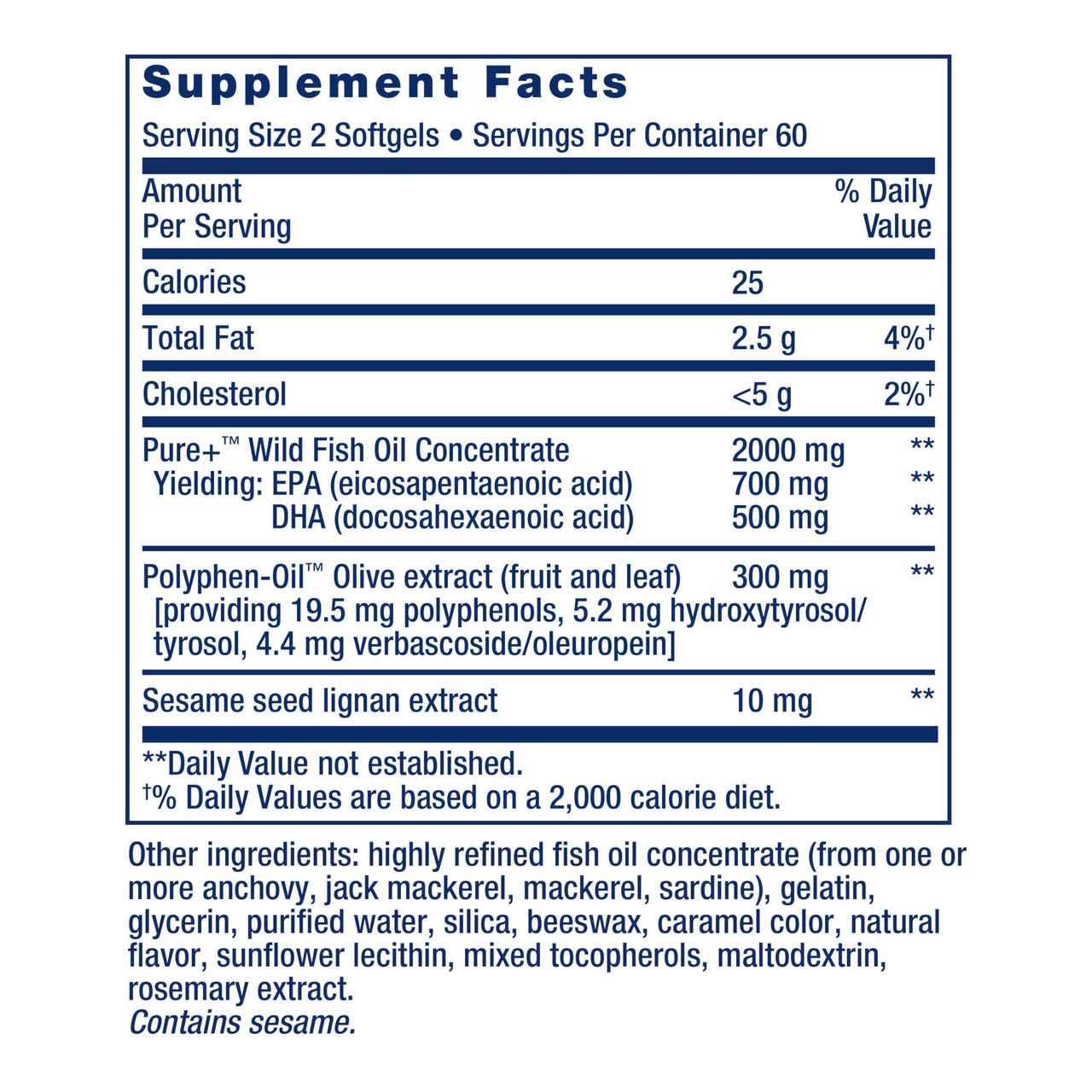 Super Omega-3 EPA/DHA Fish Oil, Sesame Lignans & Olive Extract - For Heart & Brain Health – For Inflammation & Cholesterol Management – Gluten-Free, Non-GMO – Lemon Flavor 120 Softgels