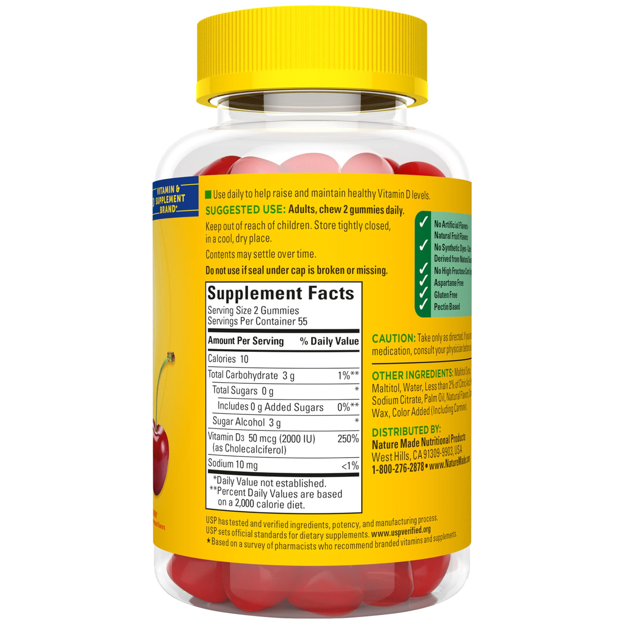 Nature Made Zero Sugar Vitamin D3 Gummies 2000 IU (50 mcg) Per Serving, Bone & Immune Support, Aspartame Free, 110 Vitamin D Gummies, 55 Day Supply