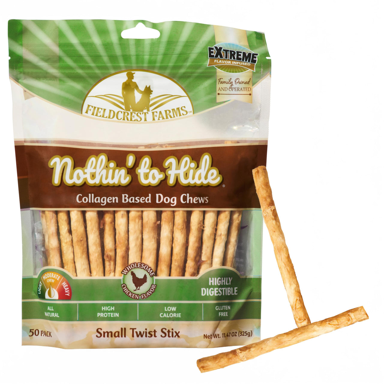 Fieldcrest Farms Nothin' to Hide Twist Stix, Chicken Flavor, Easily Digestible, Supports Skin, Coat, Joints & Muscles, for Moderate Chewers Under 15lbs, 50 Pieces