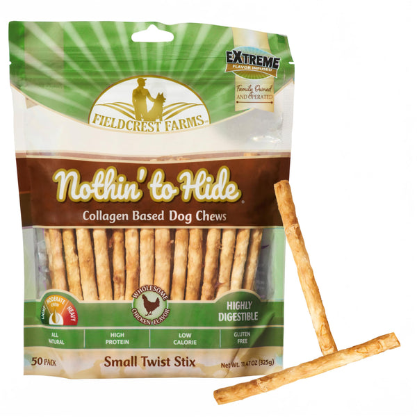Fieldcrest Farms Nothin' to Hide Twist Stix, Chicken Flavor, Easily Digestible, Supports Skin, Coat, Joints & Muscles, for Moderate Chewers Under 15lbs, 50 Pieces