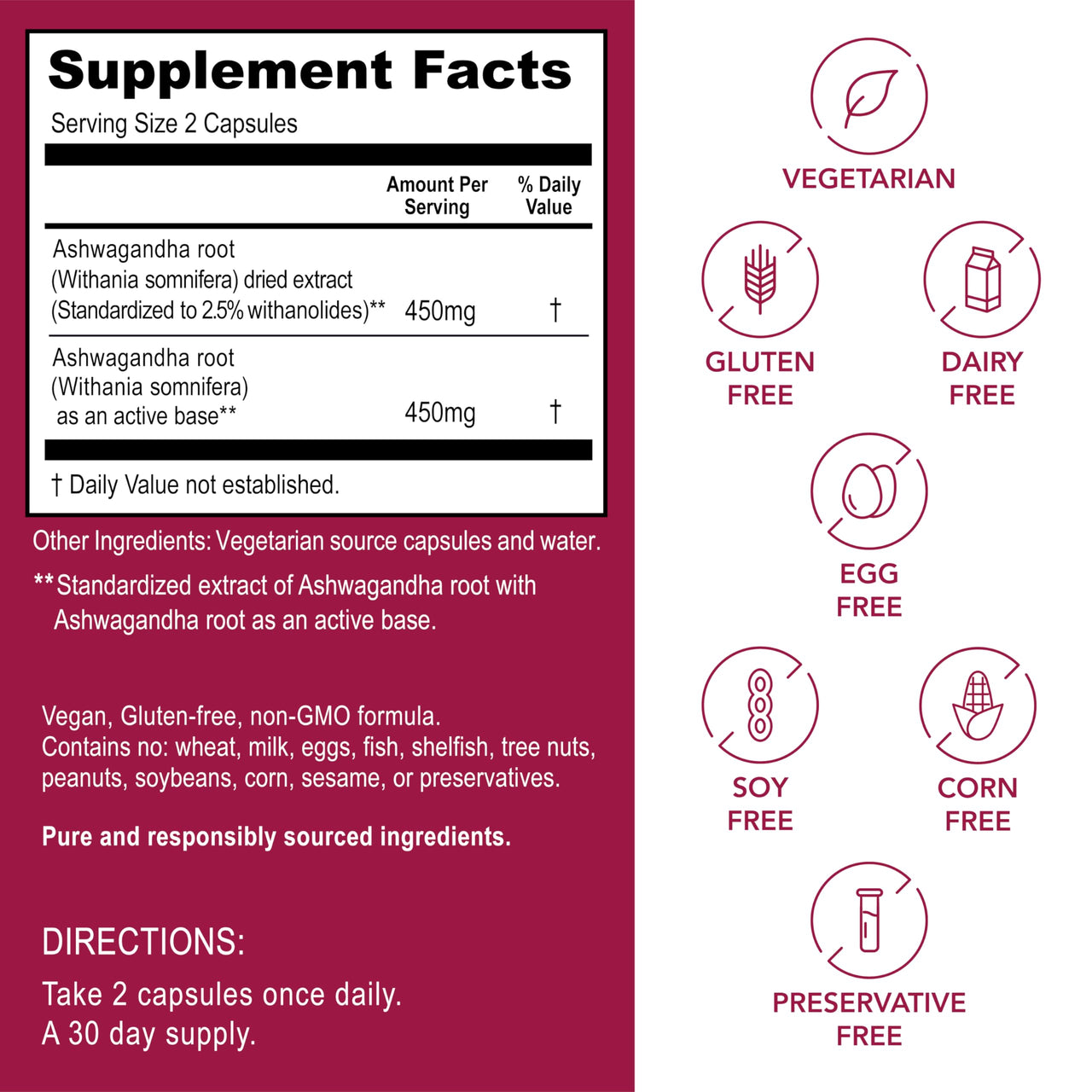 Kroeger Herbs, Ashwagandha Supplements for Stress and Mood Support, Herbal Adrenal Support Supplements for Men & Women, Pure Ashwagandha Root 450 mg, Non-GMO, Vegan, No Additives, Gluten Free