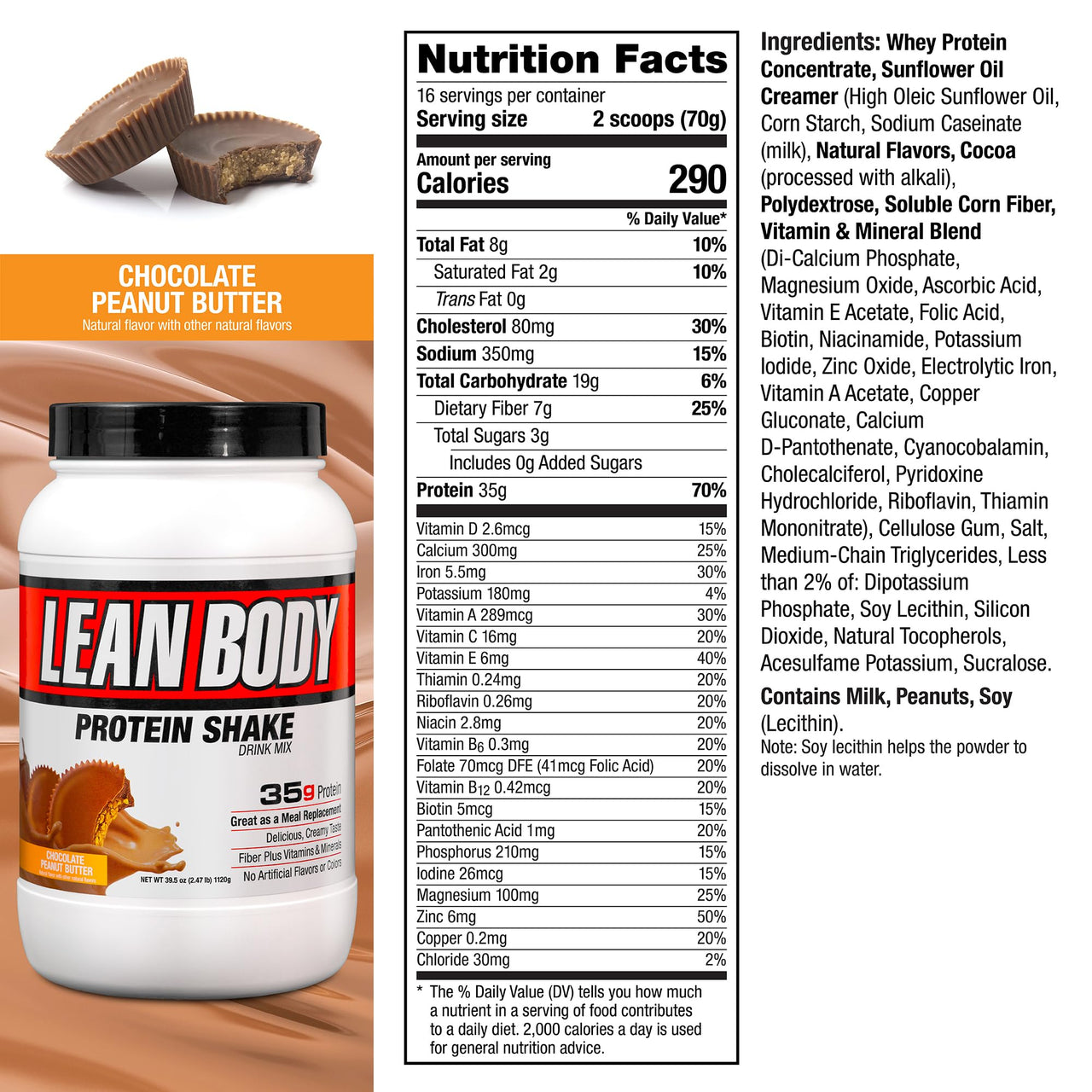 LABRADA Nutrition – Lean Body High Protein Meal Replacement Shake, Whey Protein Powder for Weight Loss and Muscle Growth, Chocolate Peanut Butter, 2.47LB Tub Packaging May Vary