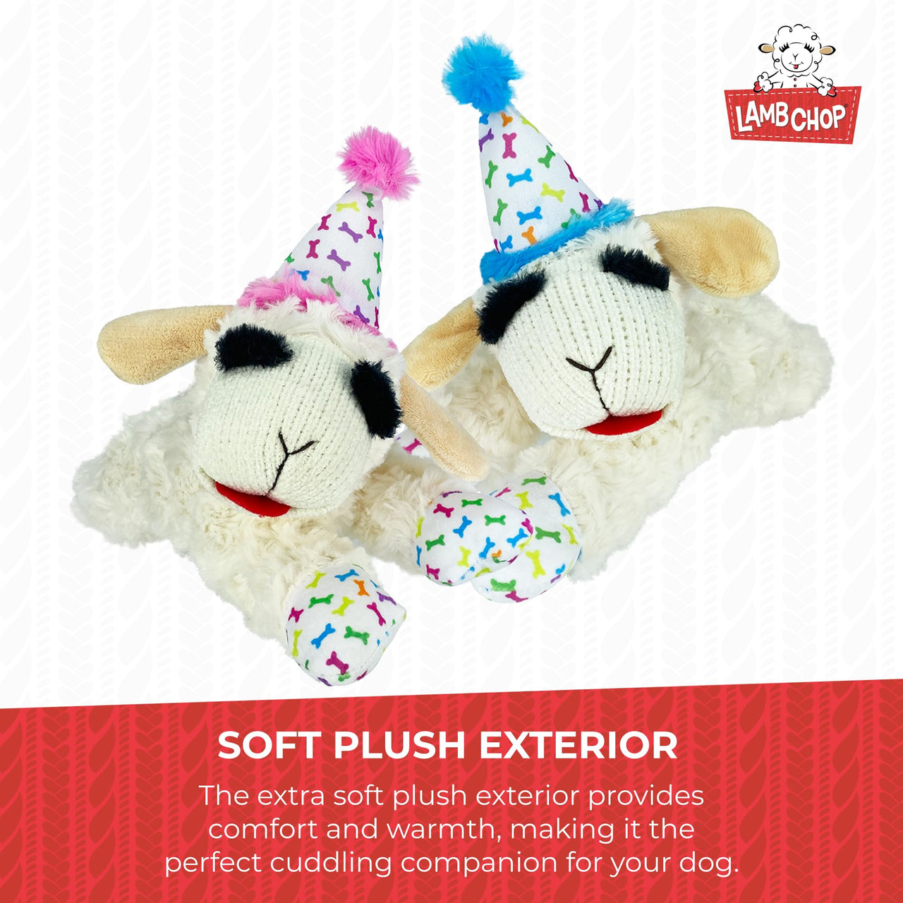 Multipet Lamb Chop Dog Plush Toy w/Birthday Hat - Squeaky Toy for All Dogs - Soft Plush - Stuffed Animal Dog Toys for Playing - Cute Birthday Toy (10.5”, Pink Hat, 5 Squeakers)