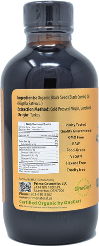 Thumbnail for Prime Natural Organic Black Seed Oil 4oz - Cold Pressed Unrefined High Thymoquinone 1.7% USDA Certified - Turkish Origin Potent Nigella Sativa Liquid - Vegan Omega 3 6 9, Antioxidant